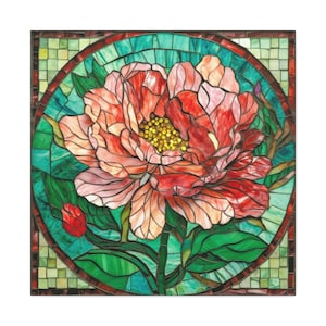 Lienzo mate, estirado, 1,25&quot; - Lienzo de arte de vidrieras de peonía resplandeciente, flor del estado de Indiana, mosaico vibrante, arte de pared, decoración del hogar