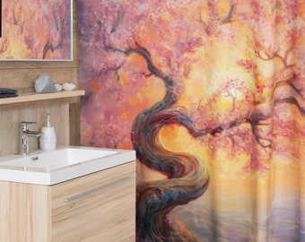 Polyester Shower Curtain - Captivating Cherry Blossom Sunset Bathroom Curtain, Tranquil Hilltop Tree Bath Decor