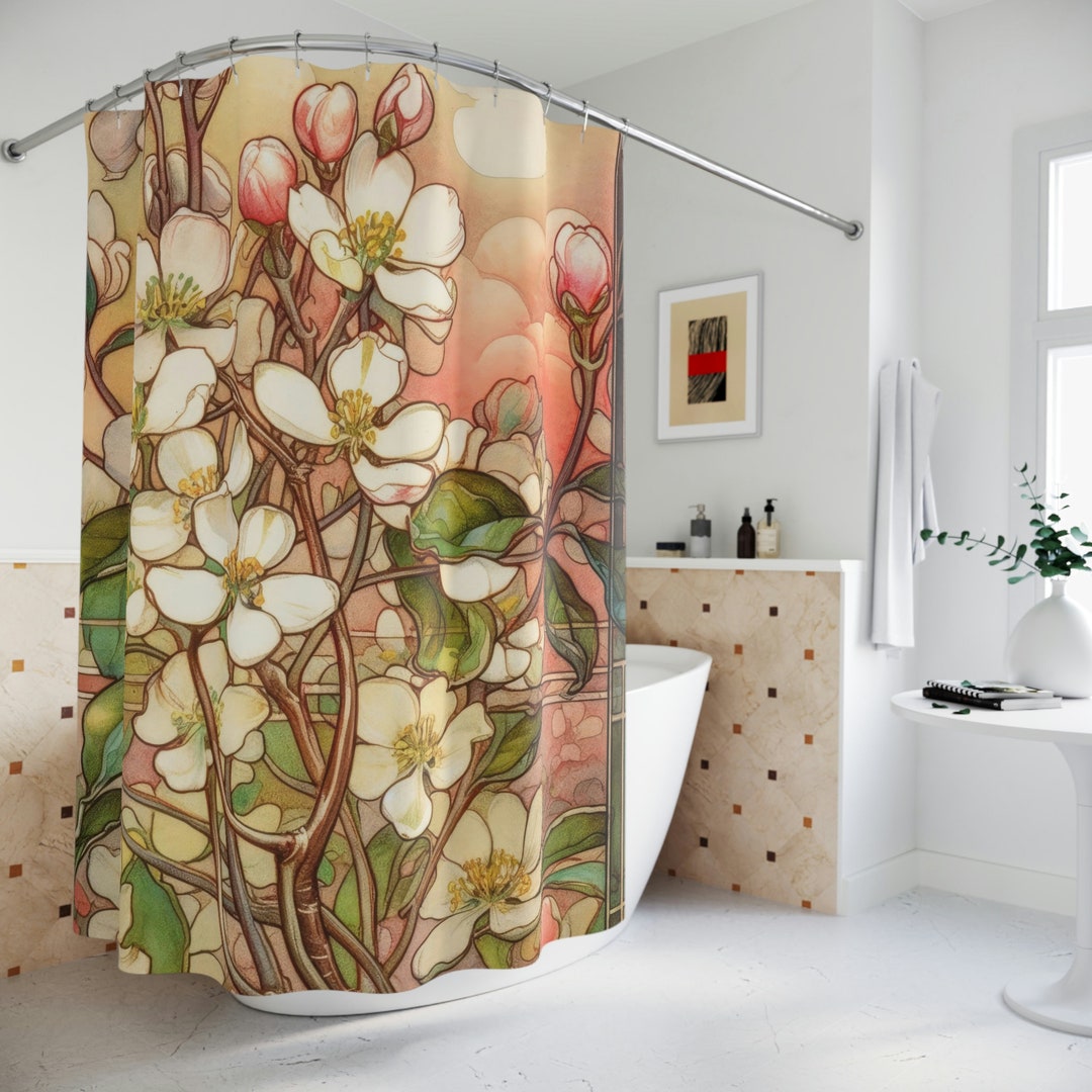 Polyester Shower Curtain Apple Blossom Shower Curtain in Art Nouveau