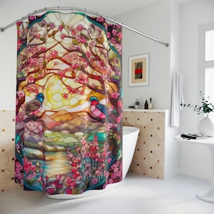 Polyester Shower Curtain - Mesmerizing Cherry Blossom Trees & Graceful Birds - Elegant Stained Glass Design Bathroom Decor