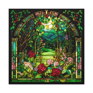 Matte Canvas, Stretched, 1.25" - Enchanting Roses, Summer Meadow, AI Stained Glass Style Canvas - New York's State Flower in Summer's Colors