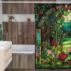Polyester Shower Curtain - Enchanting Roses Summer Meadow Stained Glass Shower Curtain - New York's State Flower in Summer's Colors
