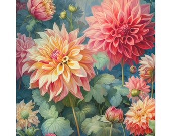 Lienzo mate, estirado, 1.25" - Art Nouveau Dahlias, decoración del hogar botánica armoniosa, arte de pared floral