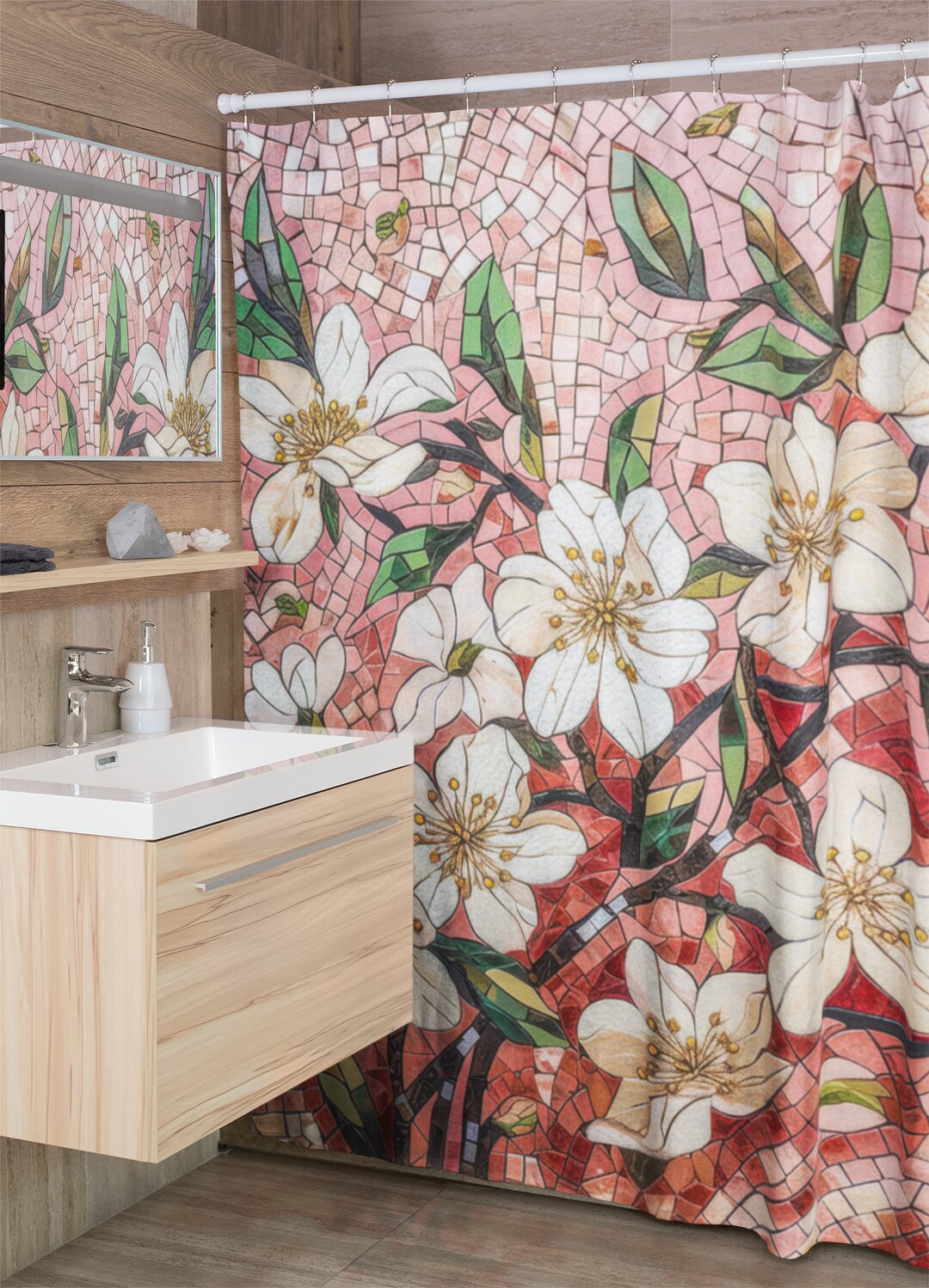 Polyester Shower Curtain Mosaic Apple Blossom Shower Curtain, Intricate