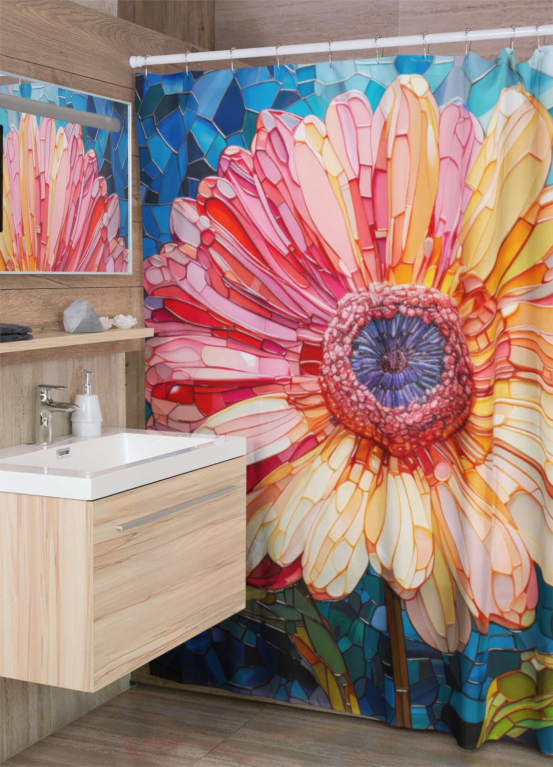 A Stained Glass Inspired Gerbera Daisy Polyester Shower Curtain, Daisy