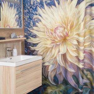 Polyester Duschvorhang - Moonlit Dahlia Fresco Art Duschvorhang, Serene Starry Night Floral Badezimmer Dekor in auffallendem Lila und Blau
