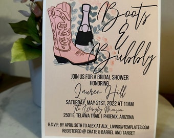 Boots & Bubbly Bridal Shower Invitations| Western Themed Bridal Shower