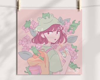 affiche de fille grenouille | Impression grenouille esthétique mignonne pour décoration de chambre Impressions d'anime impression grenouille kawaii affiche carrée pastel