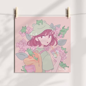 Frog girl poster | aesthetic frog print cute for room decor anime prints froggy print kawaii square poster pastel