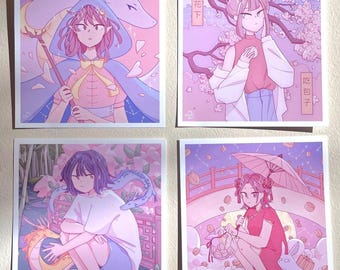 Dragon & Cherry Blossom Mini Prints: Dreamy Anime Art Set