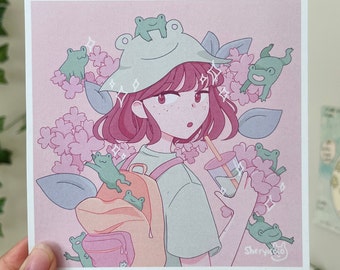 Frog Girl Art Print | Anime Girl with Frogs, Kawaii Decor
