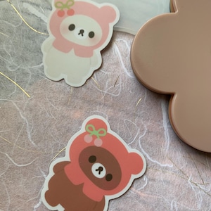 kawaii rila cherry bear kuma inspired die-cut sticker 2in x 2in | matte vinyl, waterproof, journal, planner