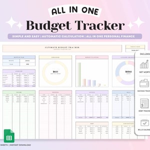 Pastel Monthly and Yearly Budget Spreadsheet for Google Sheets, Google Sheet Budget Template, Paycheck Budget, Personal Finance Planner