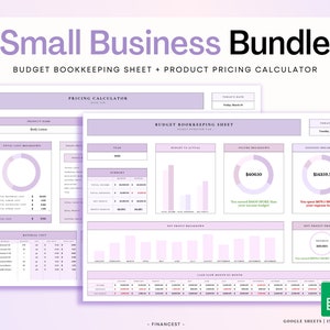 Purple Small Business Spreadsheet Bundle, Easy Bookkeeping, Product Pricing Calculator, Budget Tracker, Profit Tracker, Income and Expense