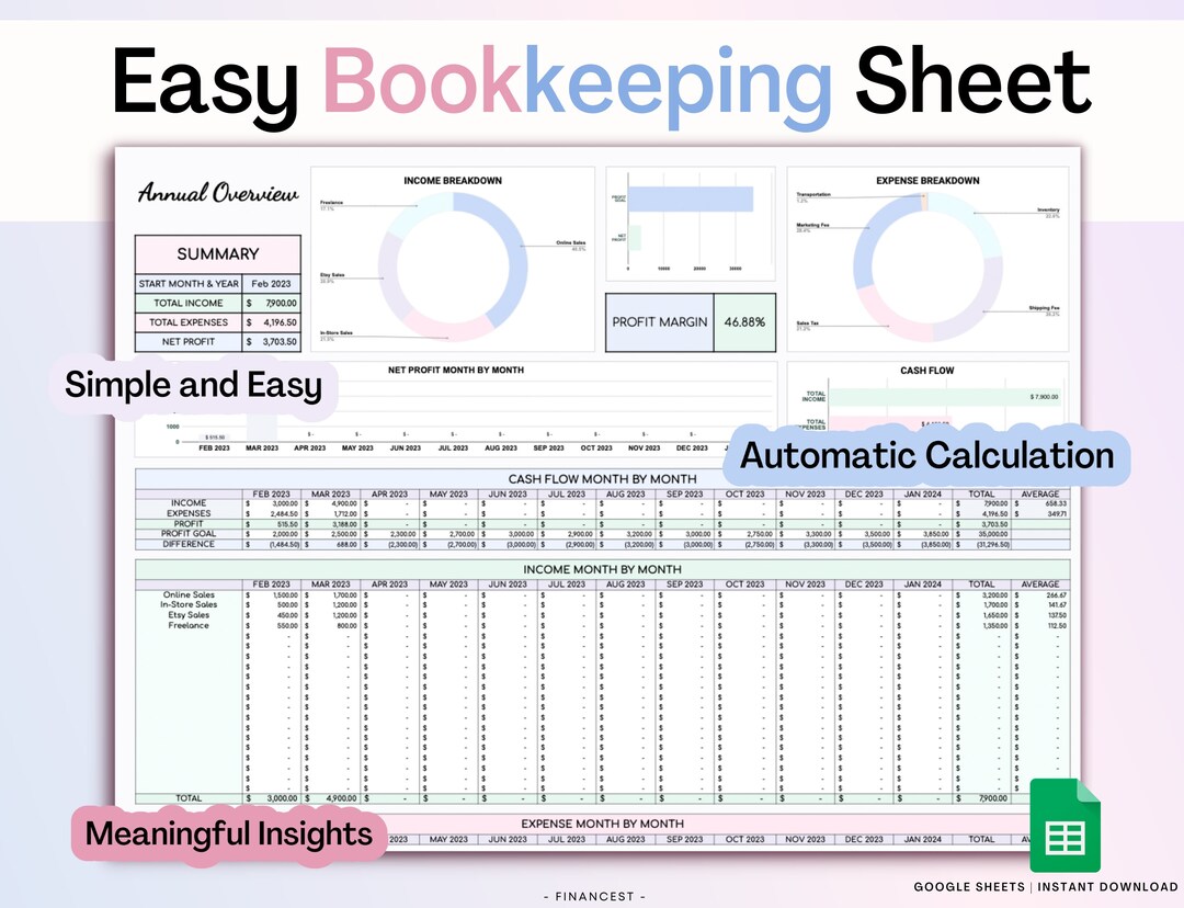 Bookkeeping Template for Small Business, Tracker, Expense