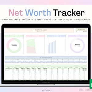Net Worth Tracker Tabelle für Google Sheets, Pastell Tracker, Persönliche Finanzierung und Reichtum Dashboard, Aktivposten und Haftungs Tracker