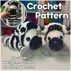 Könnte beinhalten: Zwei Plüsch-Zebra-Spielzeuge aus Häkelgarn. Ein Zebra hat klassische schwarz-weiße Streifen mit grauen Hufen. Das andere Zebra hat einen weißen Körper mit schwarzen Flecken und bunten, konfettiartigen Sprenkeln. Text lautet Crochet Pattern.