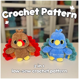 Puede incluir: Dos patrones de crochet de pájaros, uno marrón y otro azul, con ojos grandes y plumas de cola coloridas. El texto "Crochet Pattern" y "2 in 1 low-sew crochet pattern" se muestran en la imagen.