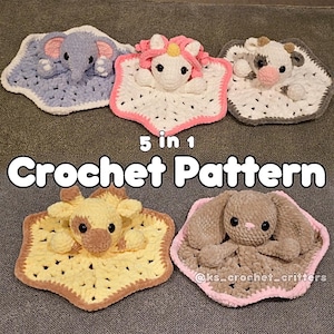 May include: Five crochet amigurumi patterns for a unicorn, elephant, giraffe, bunny, and cow. Each pattern includes a crocheted blanket with the animal in the centre. The text "5 in 1 Crochet Pattern" is displayed below the blankets.