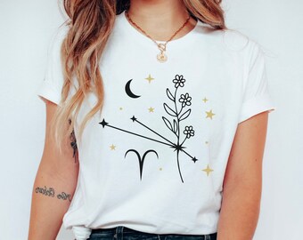 Aries Constellation Flower Shirt, Zodiac Flower T-shirt, Horoscope Top, Cute Trendy Flower Shirt, Summer Tee, Birthday Bridal Bachelorette T