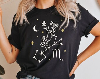 Scorpio Constellation Flower Shirt, Zodiac Flower T-shirt, Horoscope Astrology Boho Top, Cute Trendy Flower Shirt, Summer Shirt, B-day Gifts