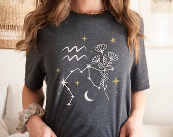 Aquarius Constellation Flower Shirt, Zodiac Flower T-shirt, Horoscope Astrology Boho Top, Cute Trendy Flower Shirt, Summer Tee, Flower Top