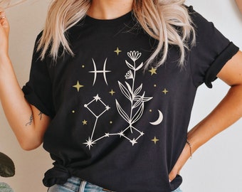 Pisces Constellation Flower Shirt, Zodiac Flower T-shirt, Horoscope Astrology Boho Top, Cute Trendy Flower Shirt, Summer T-Shirt, Flower Top