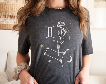 Gemini Constellation Flower Shirt, Zodiac Flower T-shirt, Horoscope Astrology Top, Cute Trendy Flower Shirt, Summer Tee, Birthday Gifts