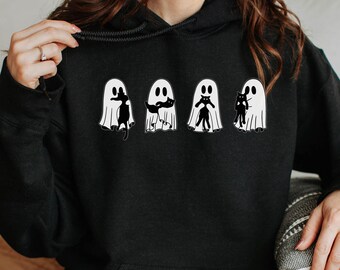 Ghosts with Cats Hooded Sweatshirt, Halloween Black Cat and Ghost Shirt, Halloween Graphics Shirt, Spooky Season Sweater, Halloween Hoodie