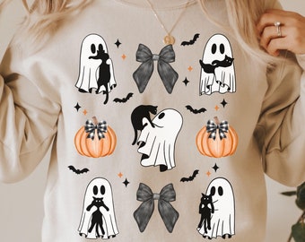 Ghosts with Cats Bows and Pumpkins Sweatshirt, Halloween Black Cat & Ghost Shirt, Halloween Ghost Sweater, Spooky Season Cat Sweater,