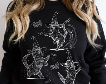 Halloween Cats Graphics Sweatshirt, Retro Halloween Sweater, Halloween Sweatshirt, Vintage Halloween Graphics Sweater, Cats in Witch Hats