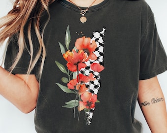 Palestine Watercolor Graphics Comfort Colors® Shirt, Palestine Map, Poppy Flower Olive Shirt, Palestine Solidarity, Human Rights Advocate