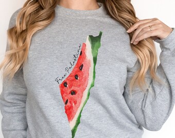 Watercolor Watermelon Map of Palestine Sweatshirt, Watermelon Sweater, Palestine Solidarity Sweatshirt, Human Rights Advocate Sweater