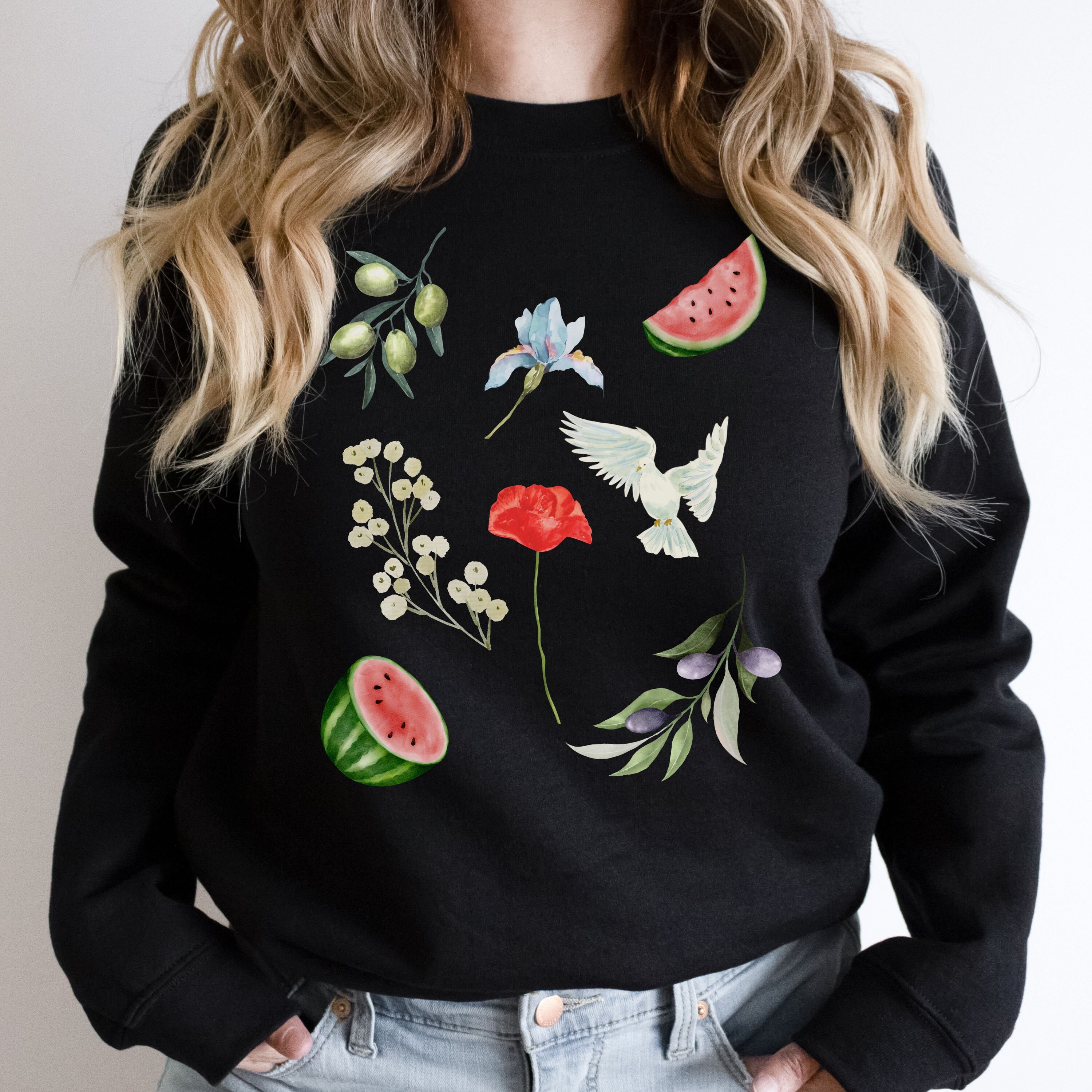 Watercolor Watermelon Map of Palestine Graphics Sweatshirt, Watermelon