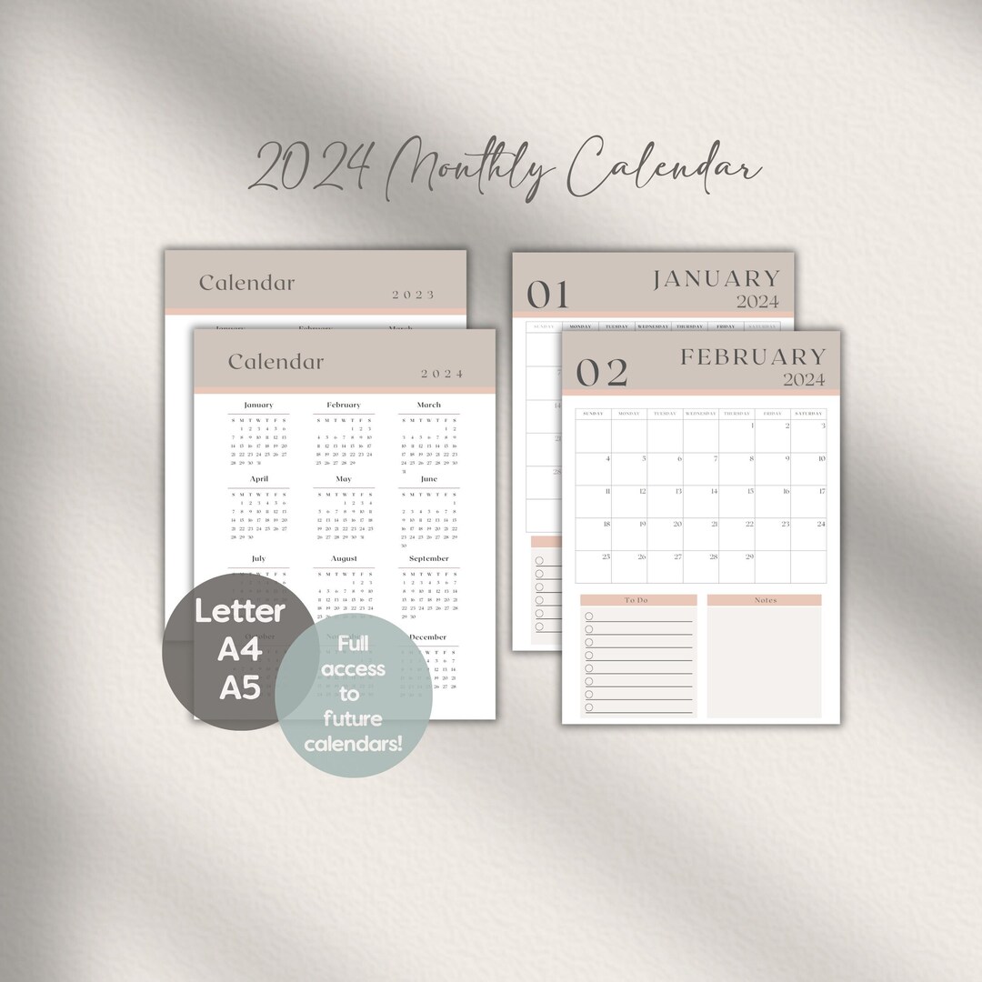Printable Calendar 2024, Letter A4 A5 Calendar Page, - Etsy