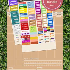 May include: A tan monthly calendar planner sheet with sections for reflection, gratitude, and mantras, accompanied by two sticker sheets featuring colorful labels, icons, and text including "Back-to-School Value Bundle" and "Calendar Clings."