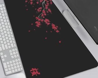 Minimalistische Sakura-Schreibtischunterlage, schwarzes japanisches Kirschblüten-Mauspad, Zen-Schreibtischmatte, dunkelfloriges XL-Mauspad, extra große Gaming-Schreibtischunterlage
