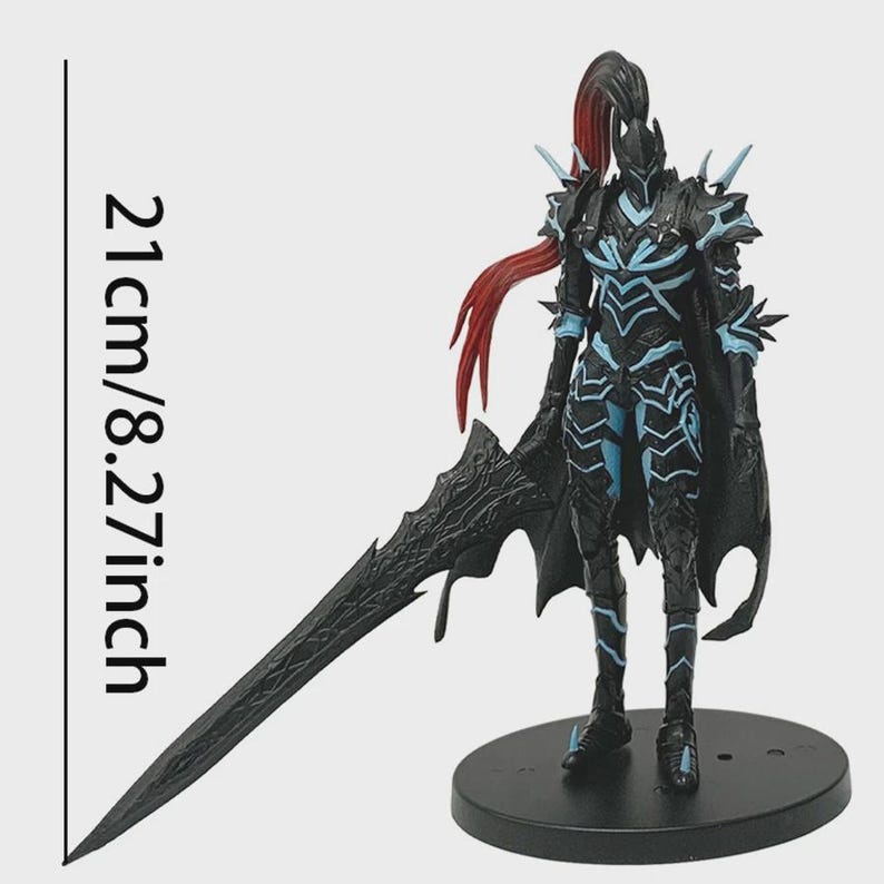May include: A black and blue action figure of a warrior, standing on a black base. The figure is 8.27 inches (21 cm) tall and features intricate armor and a large sword. Red hair is visible.