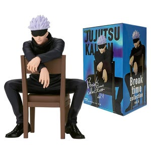 May include: A Jujutsu Kaisen Break Time Collection Vol. 4 figure of a character with white hair and a blindfold, seated on a wooden chair. The figure is dressed in black clothing. A blue box with the figure's image is to the right.