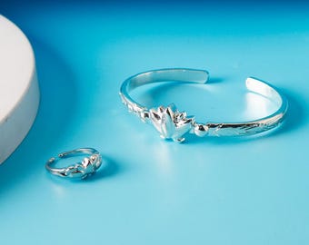 Frieren Mirror Lotus Ring and Bracelet Set, Anime Cosplay Jewelry, Silver Plated Lotus Bangle, Himmel and Frieren Proposal Ring, Otaku Gift