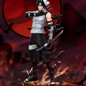 May include: A detailed figurine of an anime character, featuring a white and gray vest, black pants, and a mask. The figure is posed with weapons, set against a red background with a circular design and dark bird silhouettes.