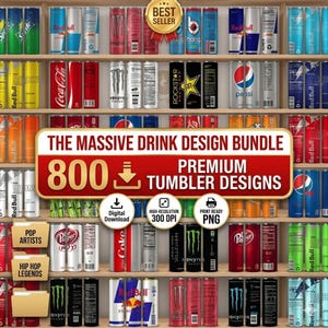 Può includere: Una collezione digitale di 800 design premium per bicchieri con grafiche di varie lattine di bevande disposte su scaffali in legno. Il testo centrale recita THE MASSIVE DRINK DESIGN BUNDLE 800 PREMIUM TUMBLER DESIGNS con icone di download e stampa.