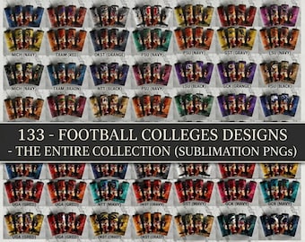 Puede incluir: Una colección de 133 diseños digitales de sublimación PNG para vasos con varios temas de fútbol universitario. Cada diseño muestra colores de equipo, logotipos y mascotas con etiquetas como MICH, TEXAS y LSU. El texto dice 133 - FOOTBALL COLLEGES DESIGNS - THE ENTIRE COLLECTION (SUBLIMATION PNGs).