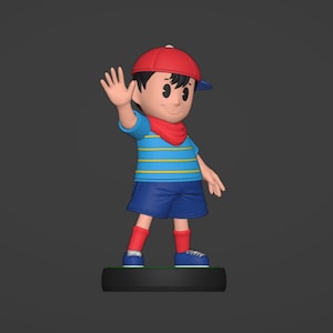 May include: A figurine of a boy wearing a red cap, blue and yellow striped shirt, red bandana, blue shorts, and red socks. He is standing on a black base and has his right hand raised.