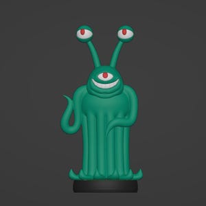 Puede incluir: Una figurita de extraterrestre de estilo de dibujos animados verde con tres ojos y una amplia sonrisa. El extraterrestre tiene un cuerpo largo y delgado con una cola enroscada y se encuentra sobre una base negra.