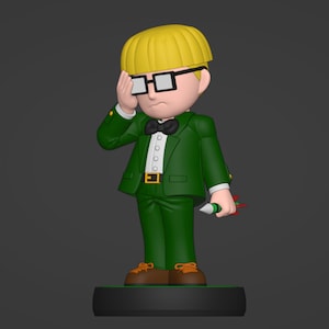 May include: A green-suited figurine with a yellow bowl cut hairstyle, wearing glasses and a bow tie, holding a dart in his right hand. The figurine is standing on a black base.