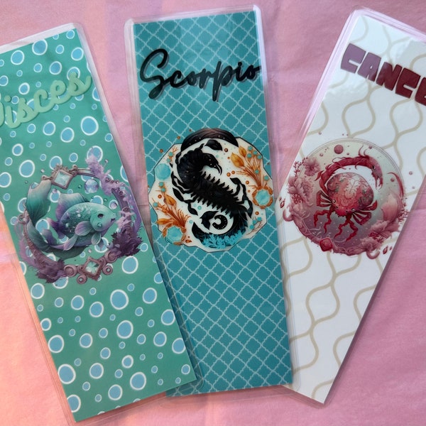 Horoscope Laminated Water Zodiac Sign double sided Bookmarks: Pisces. Cancer and Scorpio