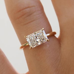 East West 2.40 Ct Radiant Cut Moissanite Engagement Ring, Crushed Ice Radiant Cut Ring, Elongated Radiant, Solitaire Ring