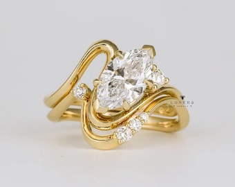 1.50 CT Marquise Cut Moissanite Wedding Bridal Set, 14K Solid Gold with Engagement Ring Promise Band