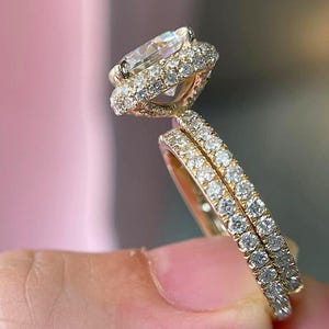 1.50 Ct Cushion Brilliant Cut Moissanite Wedding Ring Set, Halo Engagement Ring, Matching Half Eternity Band, Moissanite Diamond Bridal Set